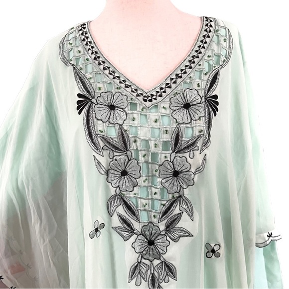 MINT Green Long Sleeve Handmade Embroidered Caftan Maxi Dress with Beading OS - Picture 2 of 11
